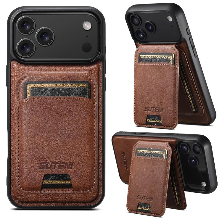 For iPhone 17 Pro Suteni M5 Magnetic Card Bag MagSafe Cowhide Texture Leather Phone Case(Brown)