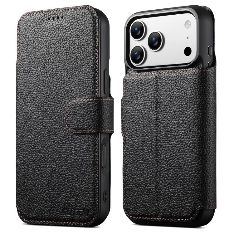 For iPhone 17 Pro Suteni Q05 -in-1 Multi-function MagSafe Wallet Big Litchi Leather Phone Case(Black)