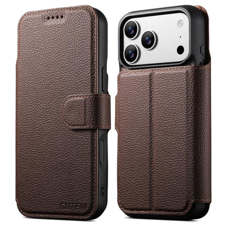 For iPhone 17 Pro Suteni Q05 -in-1 Multi-function MagSafe Wallet Big Litchi Leather Phone Case(Brown)