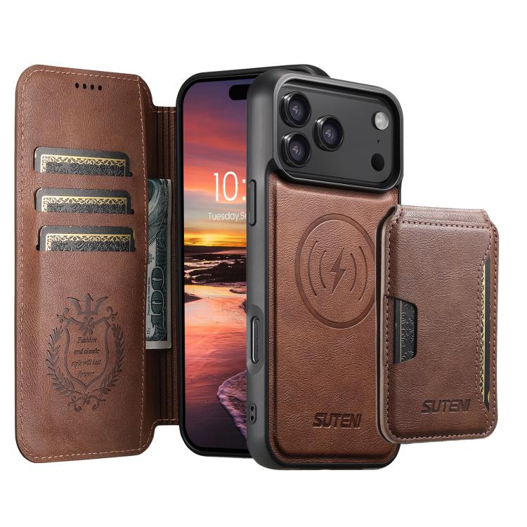 For iPhone 17 Pro Suteni Q05S3 3-in-1 Detachable Vertical Flip Wallet MagSafe Leather Phone Case(Brown)