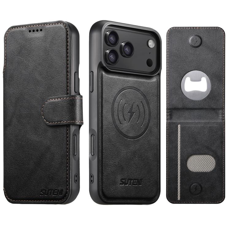 For iPhone 17 Pro Suteni Q05S5 3-in-1 Detachable Bottle Opener Card Bag Magnetic Cowhide Vegan Leather Phone Case(Black)