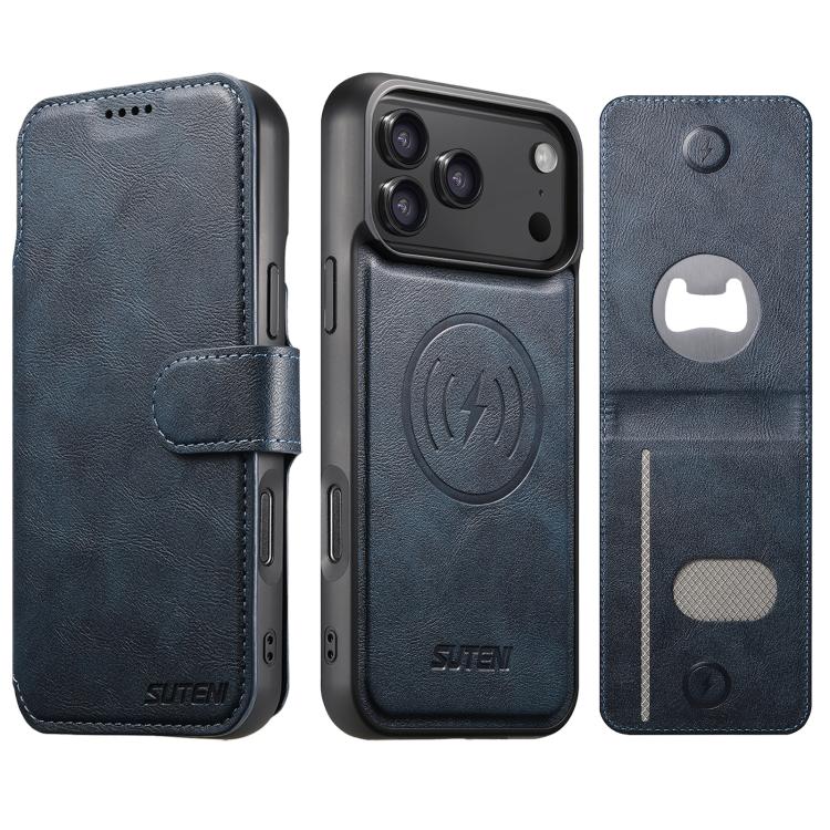 For iPhone 17 Pro Suteni Q05S5 3-in-1 Detachable Bottle Opener Card Bag Magnetic Cowhide Vegan Leather Phone Case(Blue)