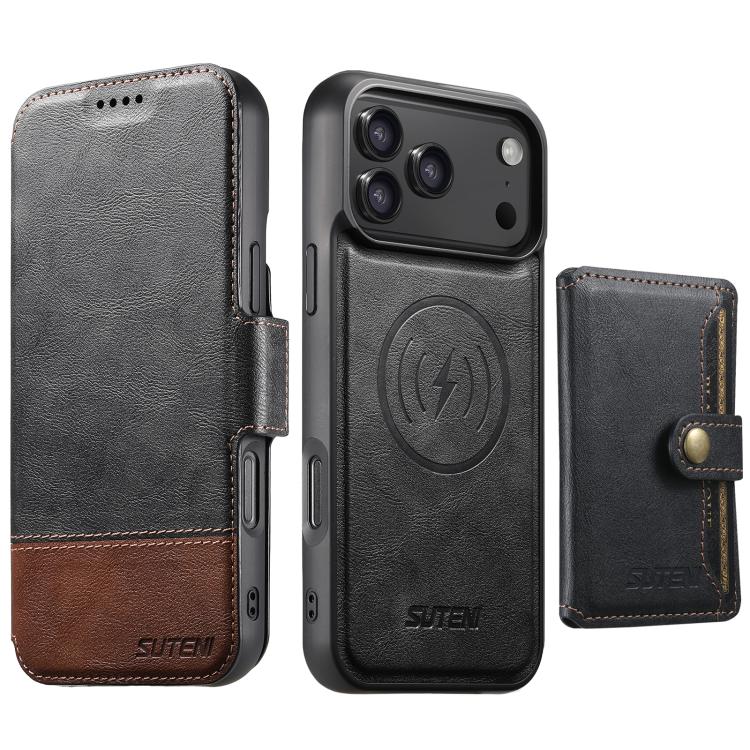For iPhone 17 Pro Suteni Q06S1 3-in-1 Splicing Detachable Wallet MagSafe Leather Phone Case(Black)