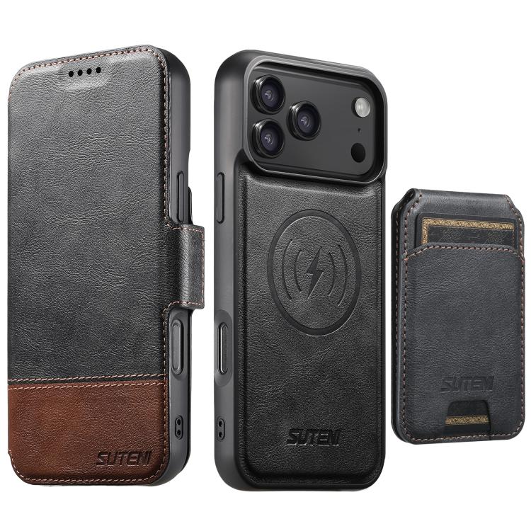 For iPhone 17 Pro Suteni Q06S2 3-in-1 Detachable Vertical Flip Wallet MagSafe Splicing Leather Phone Case(Black)