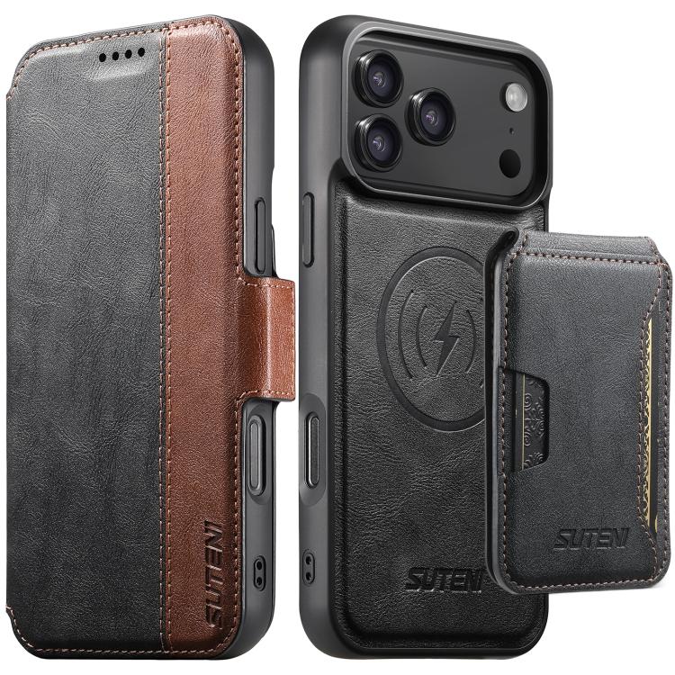 For iPhone 17 Pro Suteni Q07S3 Left-Right Splicing Cowhide Pattern Flip Side Card Wallet Removable Magnetic Phone Case(Black)