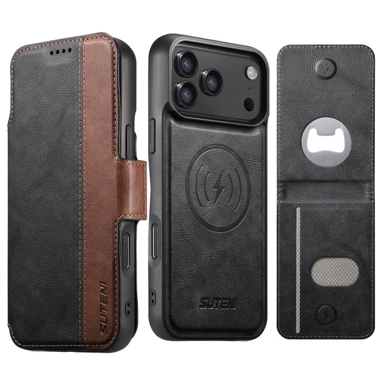 For iPhone 17 Pro Suteni Q07S5 3-in-1 Detachable Bottle Opener Card Bag Magnetic Left-Right Spliced Vegan Leather Phone Case(Black)