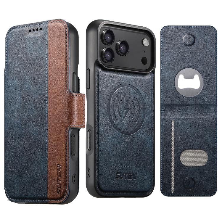 For iPhone 17 Pro Suteni Q07S5 3-in-1 Detachable Bottle Opener Card Bag Magnetic Left-Right Spliced Vegan Leather Phone Case(Blue)