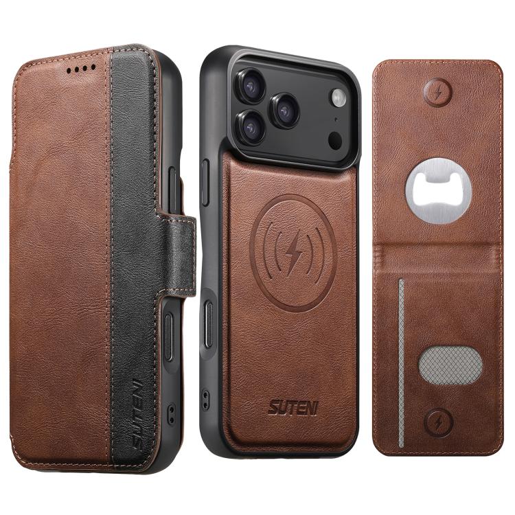For iPhone 17 Pro Suteni Q07S5 3-in-1 Detachable Bottle Opener Card Bag Magnetic Left-Right Spliced Vegan Leather Phone Case(Brown)