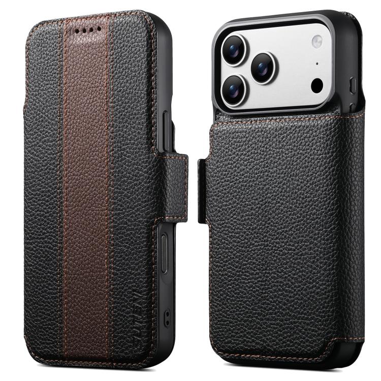 For iPhone 17 Pro Suteni Q08 2-in-1 Multi-function Magnetic Wallet Big Litchi Vegan Leather Phone Case(Brown)