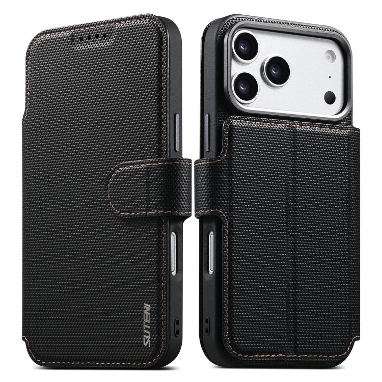 For iPhone 17 Pro Suteni Q09 Magnetic Detachable Wallet  2 in 1 Triangle Texture Vegan Leather Phone Case(Black)
