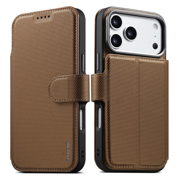For iPhone 17 Pro Suteni Q09 Magnetic Detachable Wallet  2 in 1 Triangle Texture Vegan Leather Phone Case(Gold)