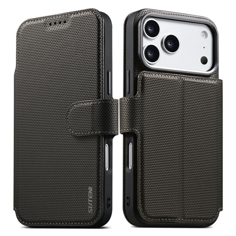 For iPhone 17 Pro Suteni Q09 Magnetic Detachable Wallet  2 in 1 Triangle Texture Vegan Leather Phone Case(Grey)