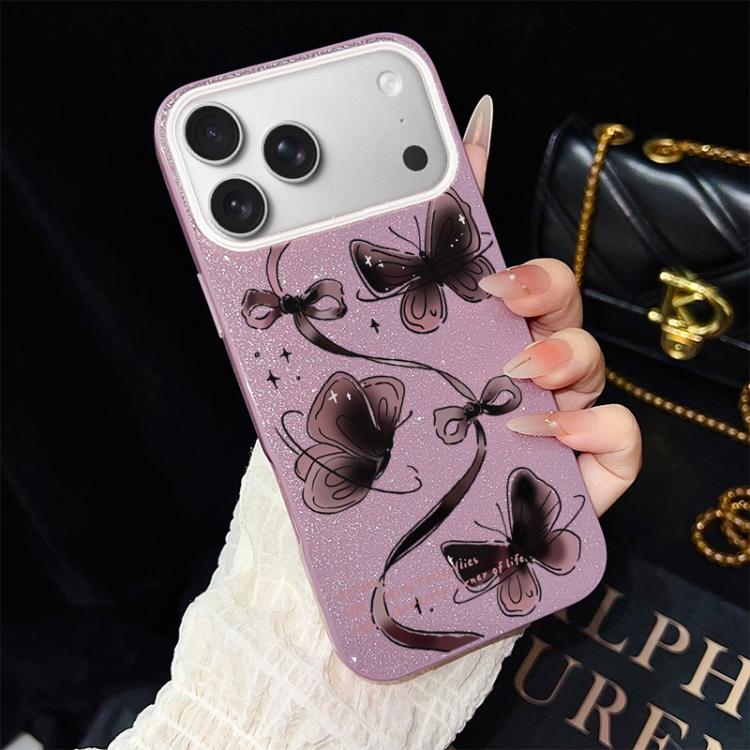 For iPhone 17 Pro Swirling Butterflies Pattern IMD Glitter PC Hybrid TPU Phone Case(Purple)