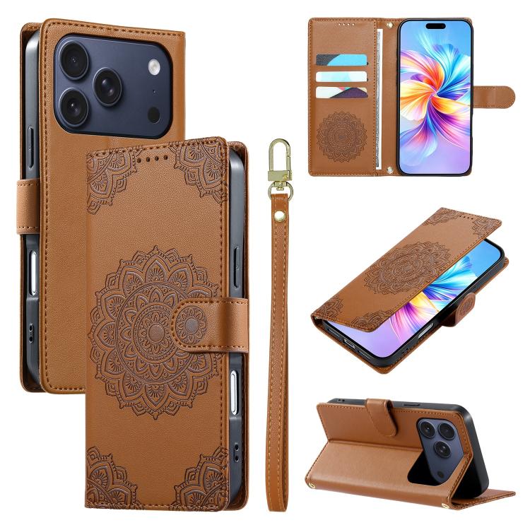 For iPhone 17 Pro Totem Embossed Magnetic Closure Vegan Leather Phone Case with Strap(Brown)