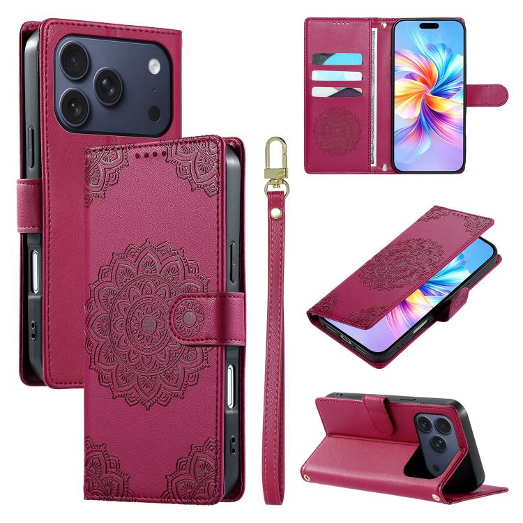 For iPhone 17 Pro Totem Embossed Magnetic Closure Vegan Leather Phone Case with Strap(Rose Red)