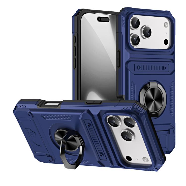 For iPhone 17 Pro TPU+PC Shockproof Card Phone Case with Metal Ring Holder(Blue)