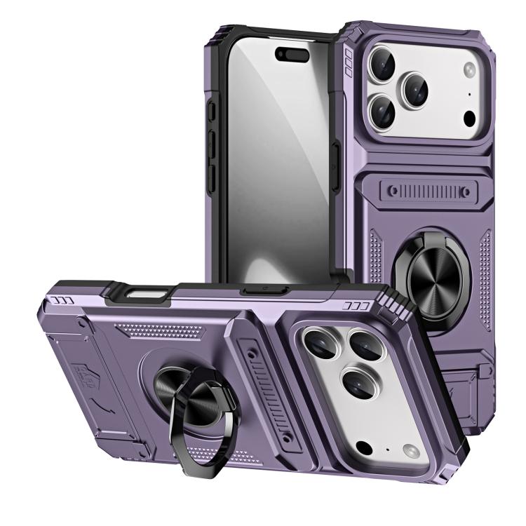 For iPhone 17 Pro TPU+PC Shockproof Card Phone Case with Metal Ring Holder(Purple)