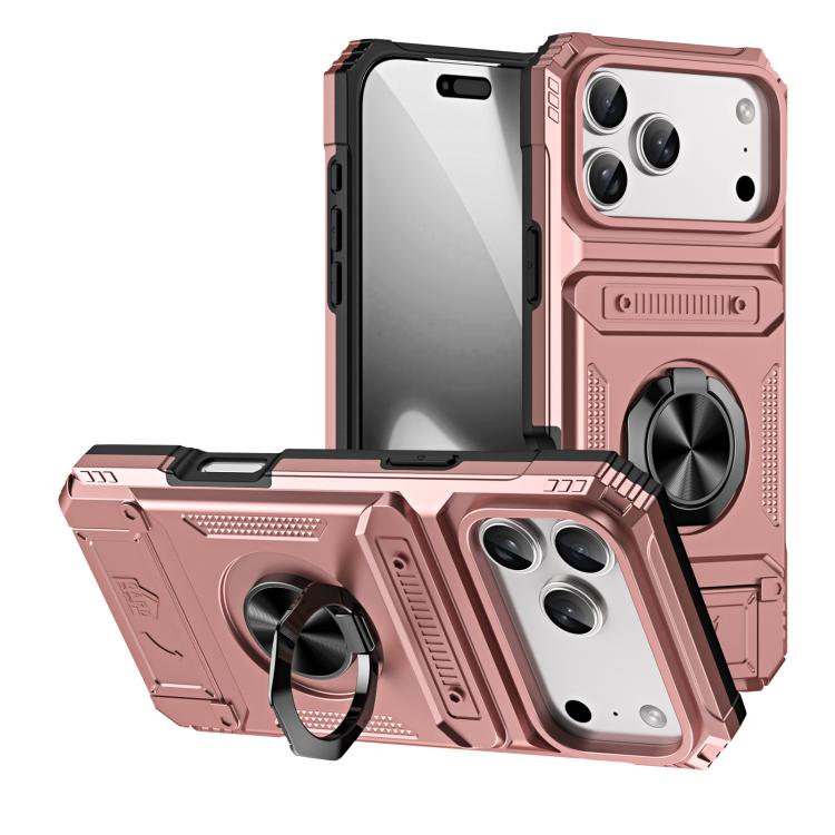 For iPhone 17 Pro TPU+PC Shockproof Card Phone Case with Metal Ring Holder(Rose Gold)