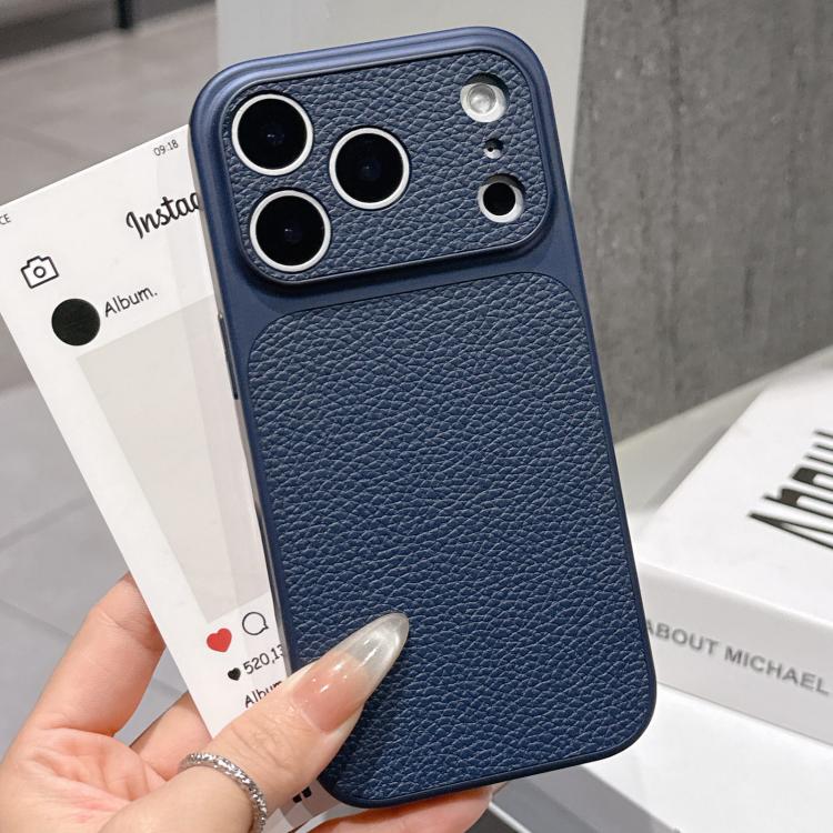 For iPhone 17 Pro Transforms Into 17 Series Large Window Frosted Lychee Texture Phone Case(Dark Blue)