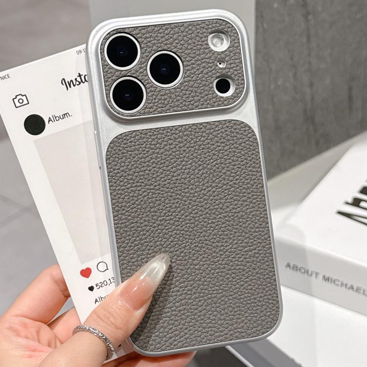 For iPhone 17 Pro Transforms Into 17 Series Large Window Frosted Lychee Texture Phone Case(Gray)