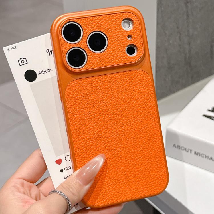 For iPhone 17 Pro Transforms Into 17 Series Large Window Frosted Lychee Texture Phone Case(Orange)