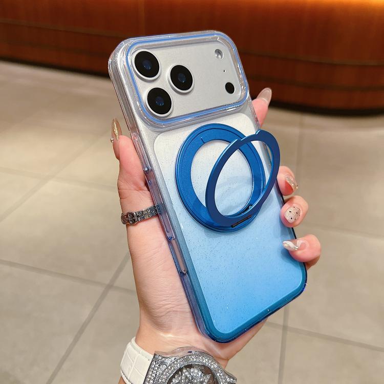 For iPhone 17 Pro Transparent Gradient 360 Degree Rotation Holder MagSafe Phone Case(Blue)