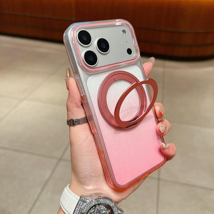 For iPhone 17 Pro Transparent Gradient 360 Degree Rotation Holder MagSafe Phone Case(Pink)