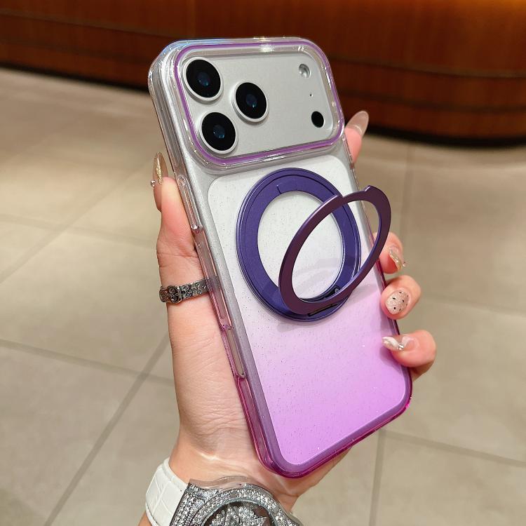 For iPhone 17 Pro Transparent Gradient 360 Degree Rotation Holder MagSafe Phone Case(Purple)