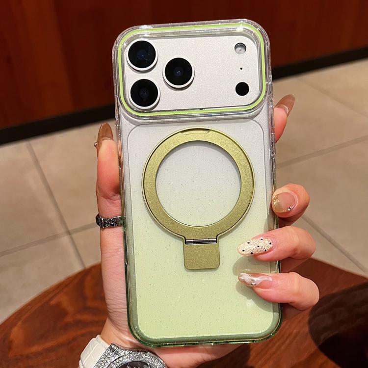 For iPhone 17 Pro Transparent Gradient Metal Ring Holder MagSafe Phone Case(Green)