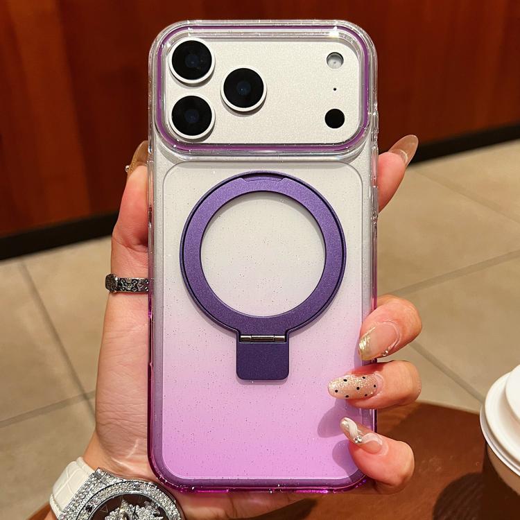 For iPhone 17 Pro Transparent Gradient Metal Ring Holder MagSafe Phone Case(Purple)