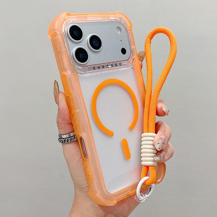 For iPhone 17 Pro Transparent Matte TPU Hybrid PC 3-in-1 MagSafe Phone Case with Wrist Strap(Orange)