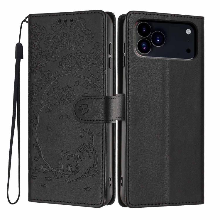 For iPhone 17 Pro Tree Cat Embossed Flip Vegan Leather Phone Case(Black)