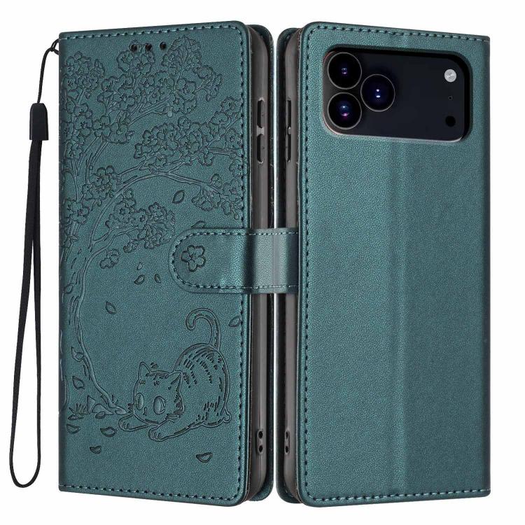 For iPhone 17 Pro Tree Cat Embossed Flip Vegan Leather Phone Case(Deep Green)