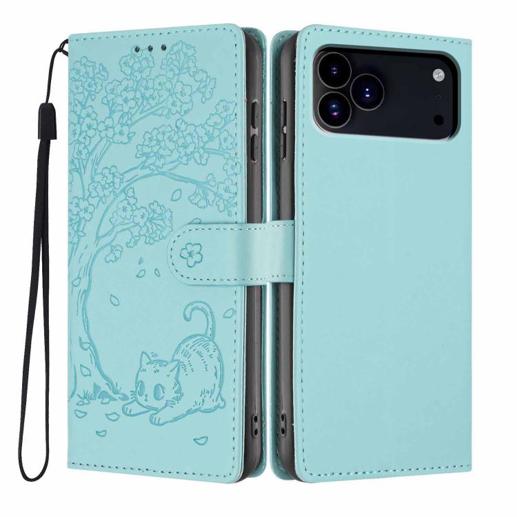 For iPhone 17 Pro Tree Cat Embossed Flip Vegan Leather Phone Case(Light Green)
