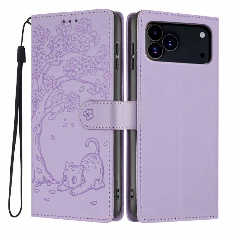 For iPhone 17 Pro Tree Cat Embossed Flip Vegan Leather Phone Case(Purple)