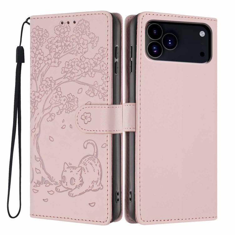 For iPhone 17 Pro Tree Cat Embossed Flip Vegan Leather Phone Case(Rose Gold)
