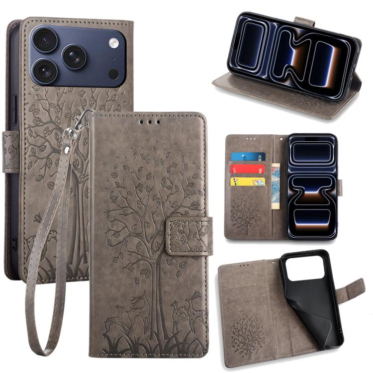 For iPhone 17 Pro Tree & Deer Embossed Leather Phone Case(Grey)