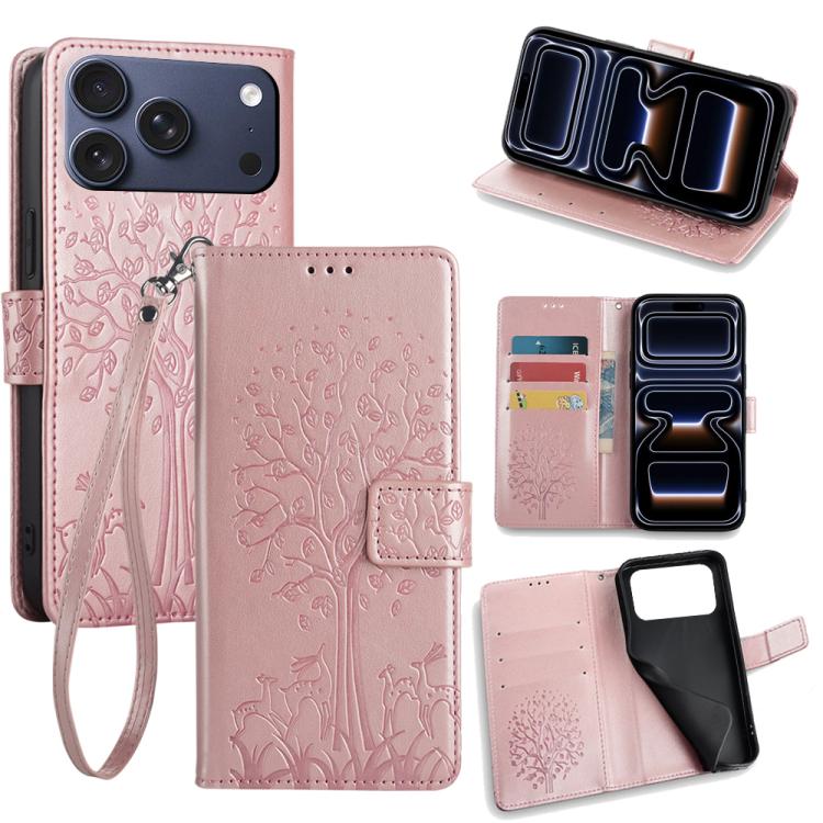 For iPhone 17 Pro Tree & Deer Embossed Leather Phone Case(Rose Gold)
