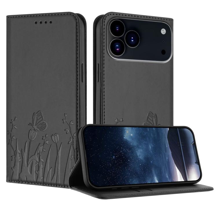 For iPhone 17 Pro Tulips Butterfly Pattern Magnetic Vegan Leather Phone Case(Black)