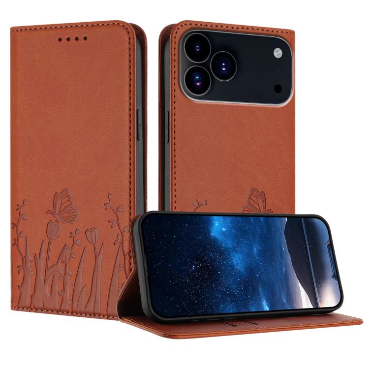 For iPhone 17 Pro Tulips Butterfly Pattern Magnetic Vegan Leather Phone Case(Coffee)