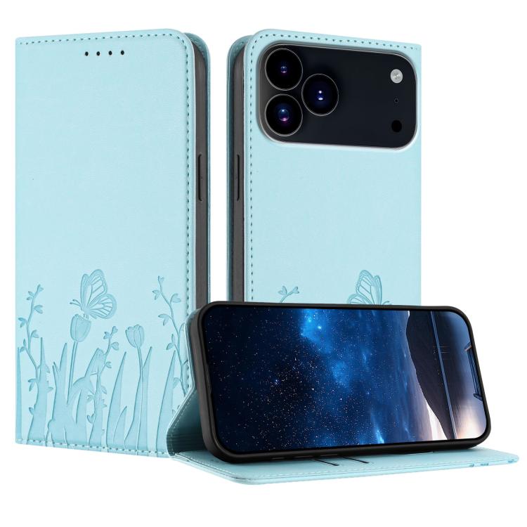 For iPhone 17 Pro Tulips Butterfly Pattern Magnetic Vegan Leather Phone Case(Light Blue)