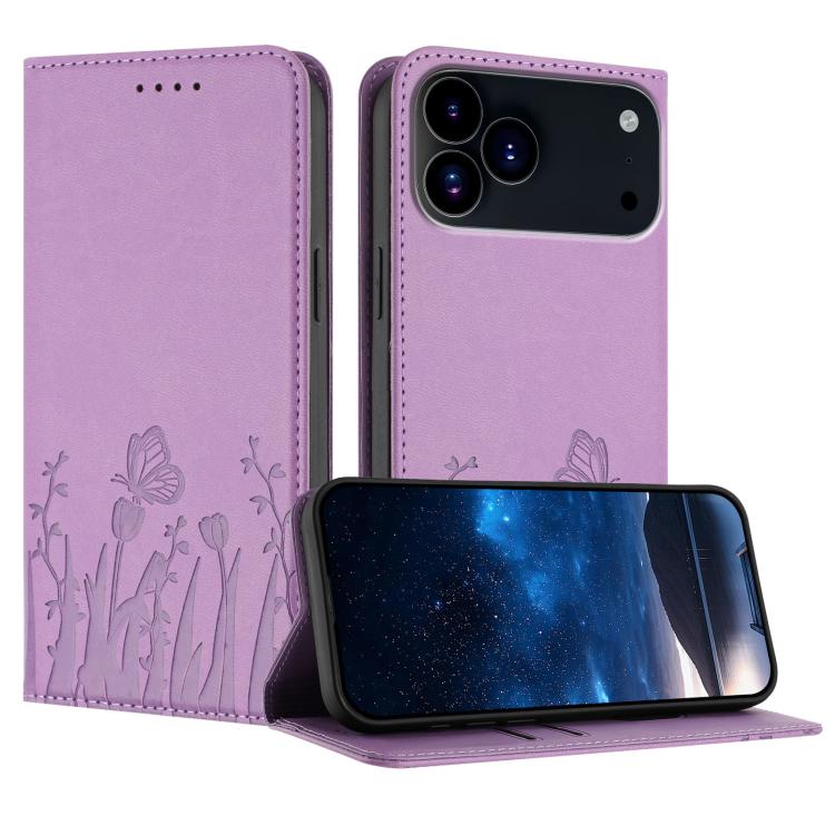 For iPhone 17 Pro Tulips Butterfly Pattern Magnetic Vegan Leather Phone Case(Light Purple)