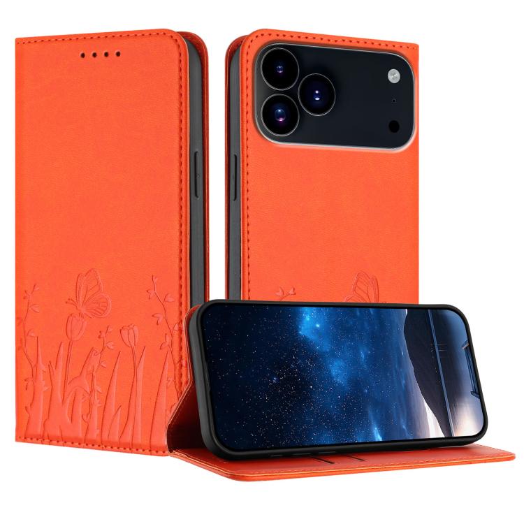 For iPhone 17 Pro Tulips Butterfly Pattern Magnetic Vegan Leather Phone Case(Orange)