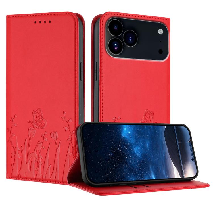 For iPhone 17 Pro Tulips Butterfly Pattern Magnetic Vegan Leather Phone Case(Red)