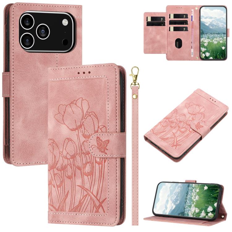 For iPhone 17 Pro Tulips Embossed Leather Phone Case with Lanyard(Pink)