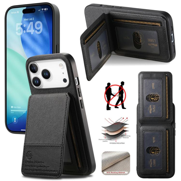 For iPhone 17 Pro Twill Fabric Leather Vertical Flip RFID Card Bag Phone Case(Black)