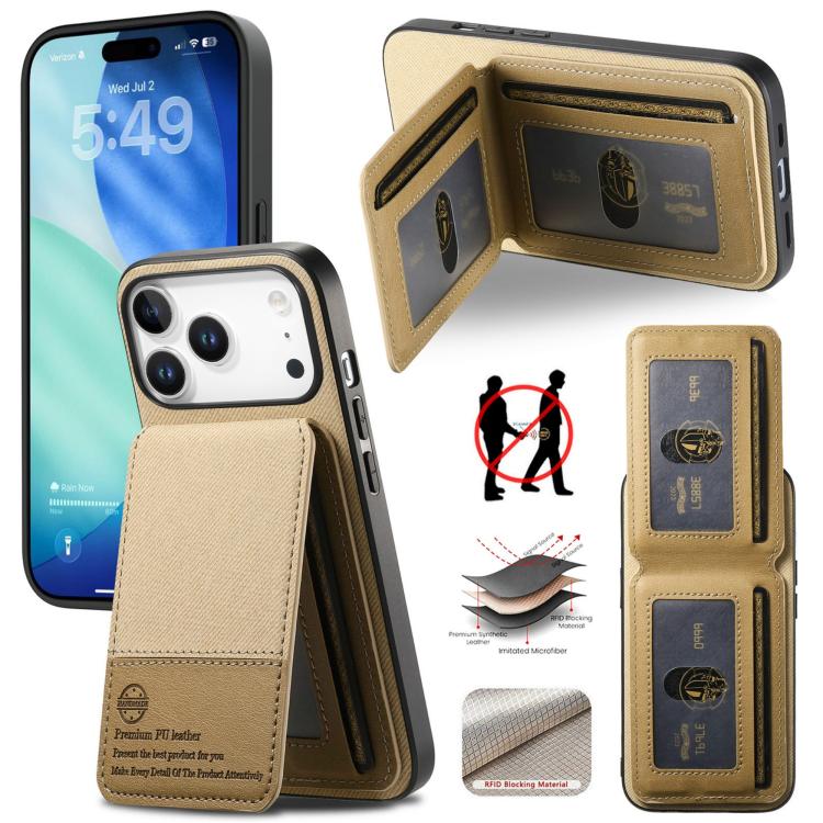 For iPhone 17 Pro Twill Fabric Leather Vertical Flip RFID Card Bag Phone Case(Khaki)