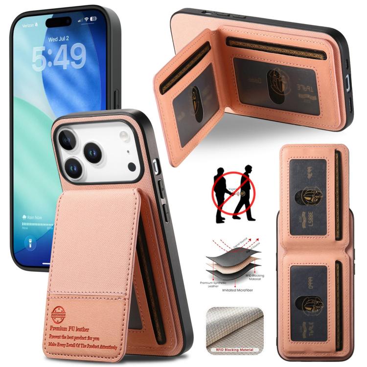 For iPhone 17 Pro Twill Fabric Leather Vertical Flip RFID Card Bag Phone Case(Pink)