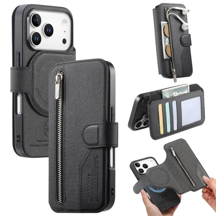 For iPhone 17 Pro Twill Fabric MagSafe RFID Anti-theft Zipper Wallet Leather Phone Case(Black)