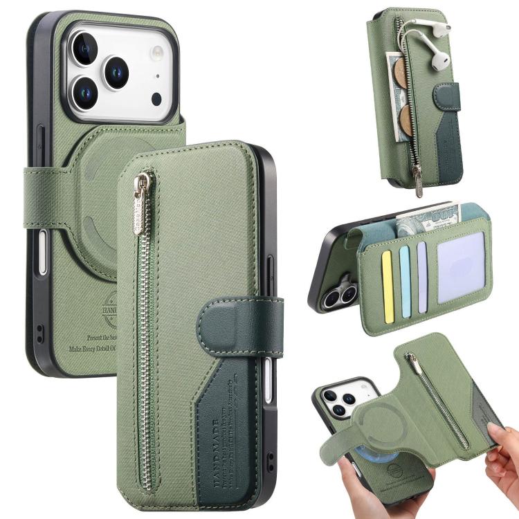 For iPhone 17 Pro Twill Fabric MagSafe RFID Anti-theft Zipper Wallet Leather Phone Case(Green)